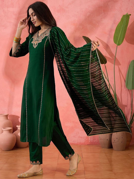 Floral Yoke Design V-Neck Sequinned Straight Kurta With Trouser And Dupatta