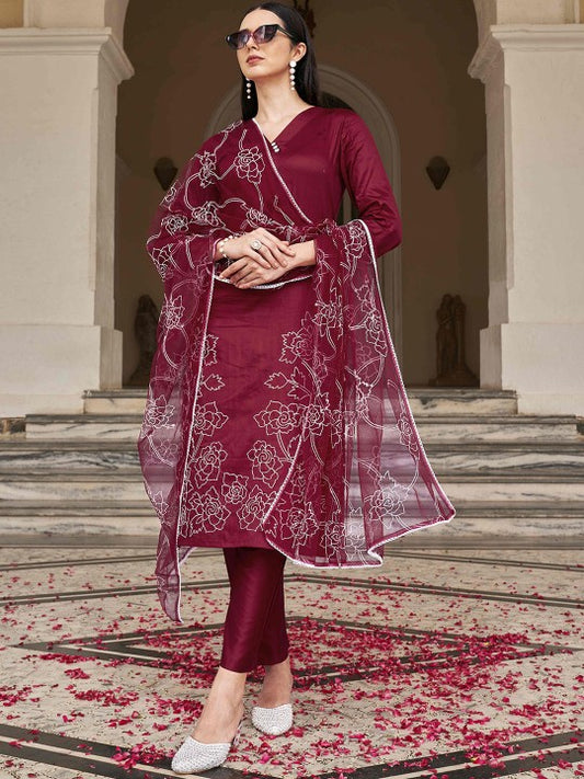 Floral Embroidered Thread Work Kurta with Trousers & Dupatta