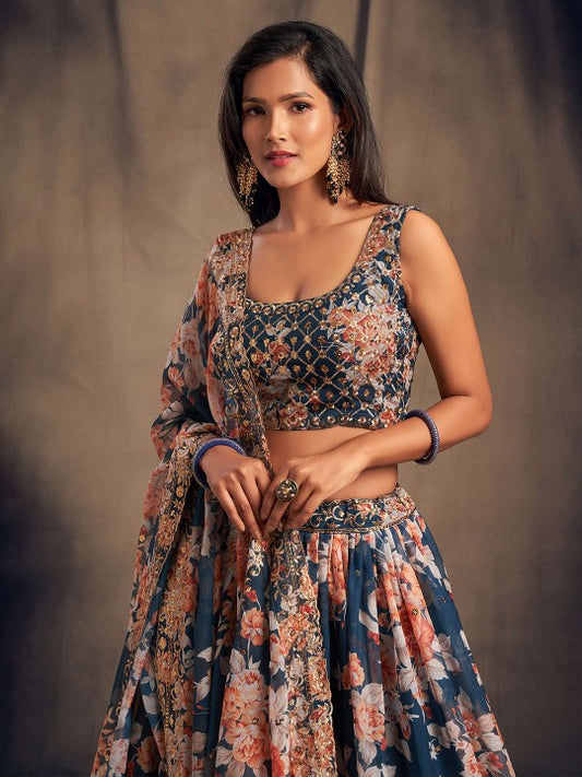 Blue & Peach-Coloured Embroidered Sequinned Shibori Semi-Stitched Lehenga & Unstitched Blouse With