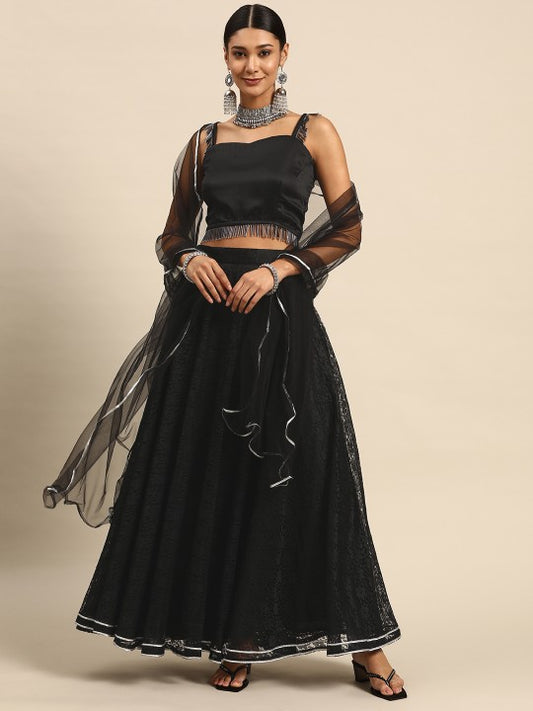 Black Semi-Stitched Lehenga & Unstitched Blouse With Dupatta