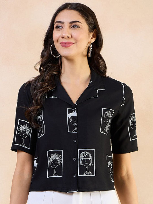 Print Boxy Printed Roll-Up Sleeves Shirt Style Top