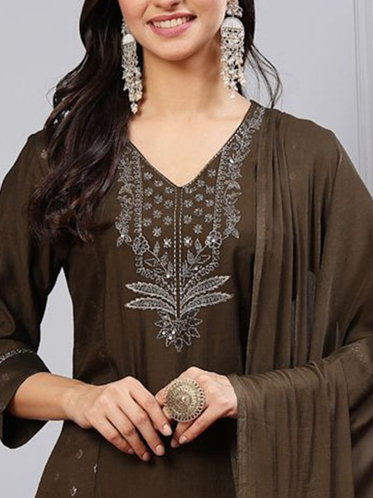 Floral Foil Printed V-Neck Straight Kurta with Palazzos & Dupatta