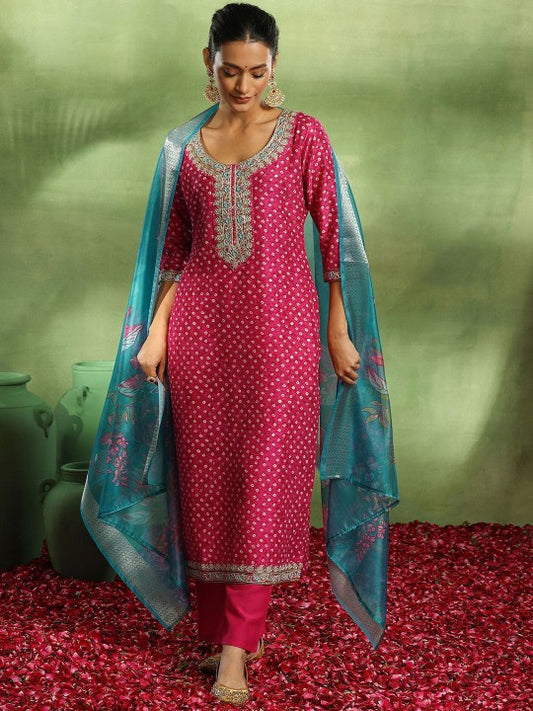 Bandhani Embroidered Sequinned Kurta with Trouser & Dupatta