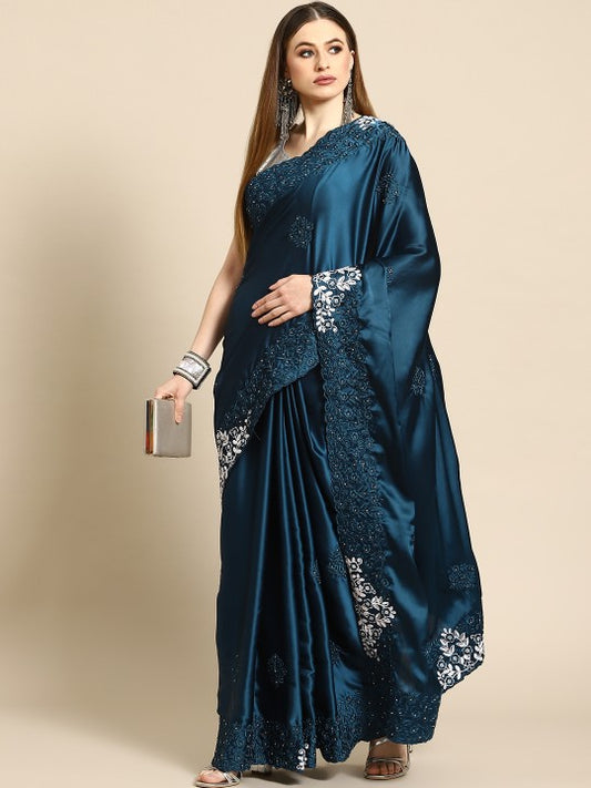 Blue Floral Embroidered Satin Saree