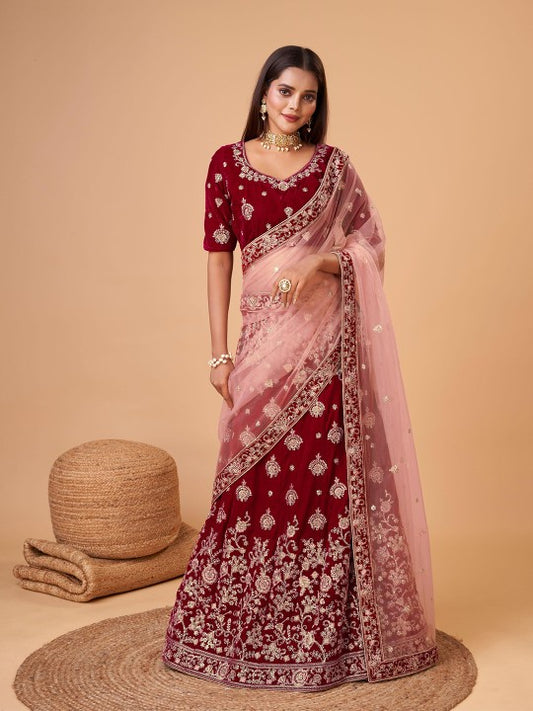 Embroidered Sequinned Semi-Stitched Lehenga & Unstitched Blouse With Dupatta