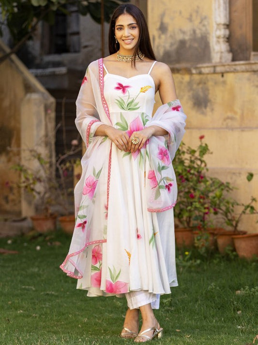 Floral Printed Anarkali Kurta with Trousers & Dupatta