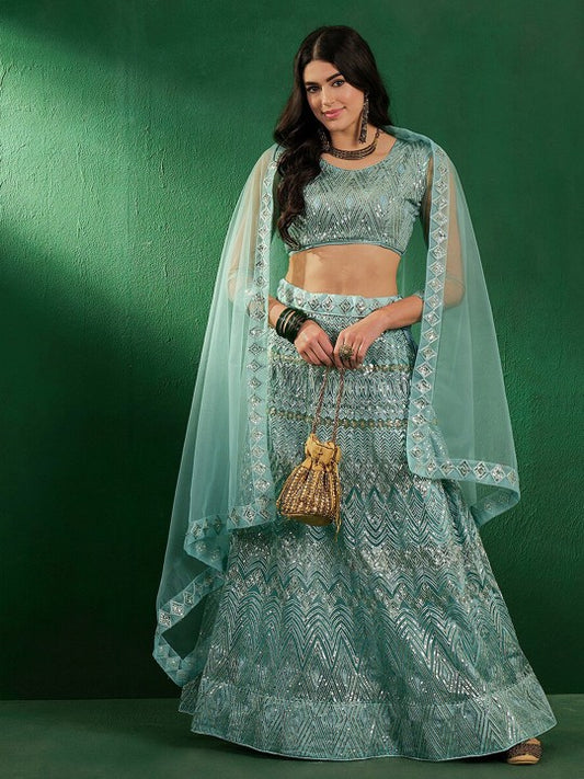 Embroidered Sequined Net Semi-Stitched Lehenga Choli With Dupatta