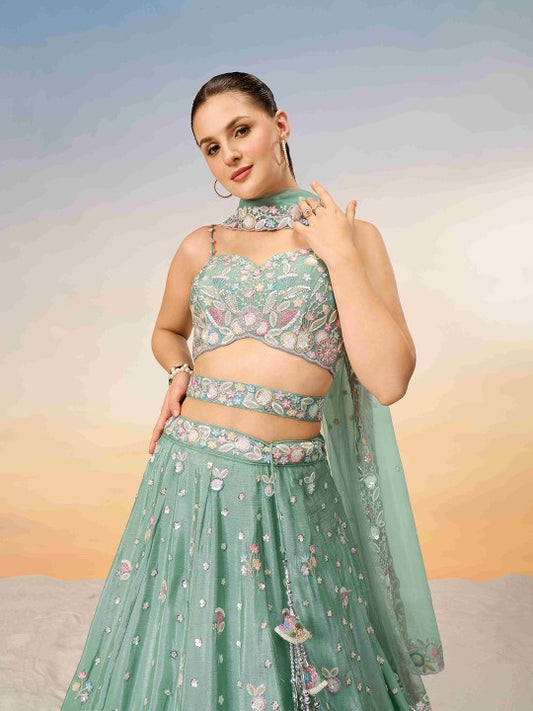 Embroidered Sequinned Semi-Stitched Lehenga & Unstitched Blouse With Dupatta