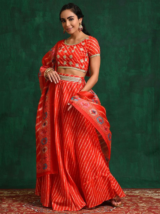 Red Leheriya Printed Gotta Patti Ready to Wear Lehenga With Blouse & Dupatta