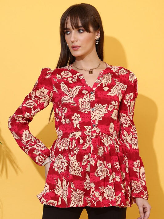 Women Floral Printed Mandarin Collar Peplum Crepe Top