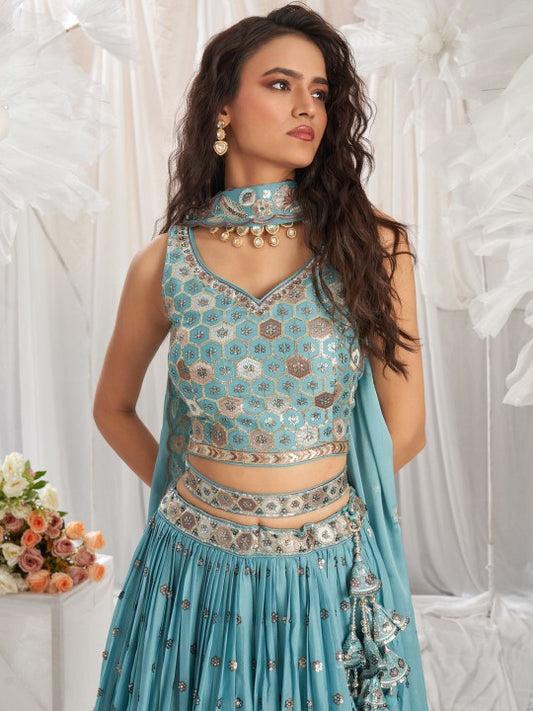 Embroidered Sequinned Semi Stitched Lehenga & Unstitched Blouse With Dupatta