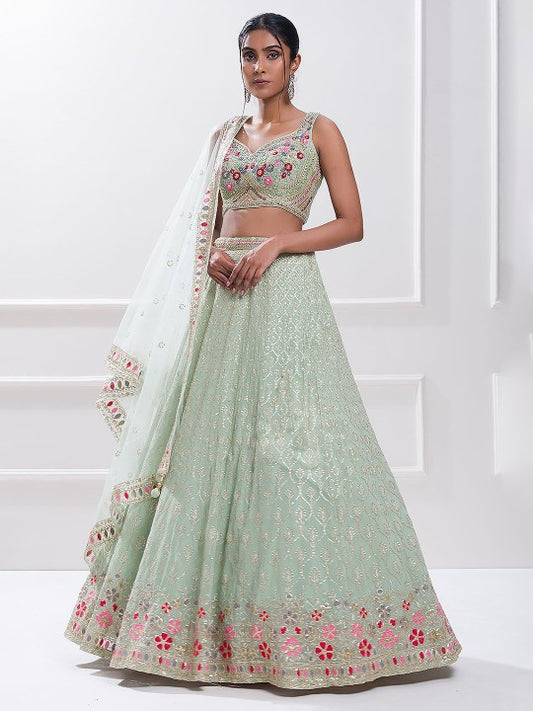 Embroidered Sequinned Semi-Stitched Lehenga & Unstitched Blouse With Dupatta