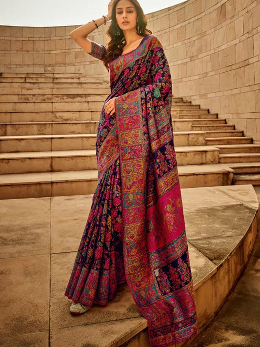 Navy Blue Floral Printed Woven Design Saree