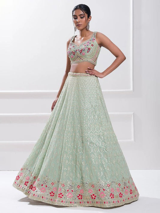 Embroidered Sequinned Semi-Stitched Lehenga & Unstitched Blouse With Dupatta