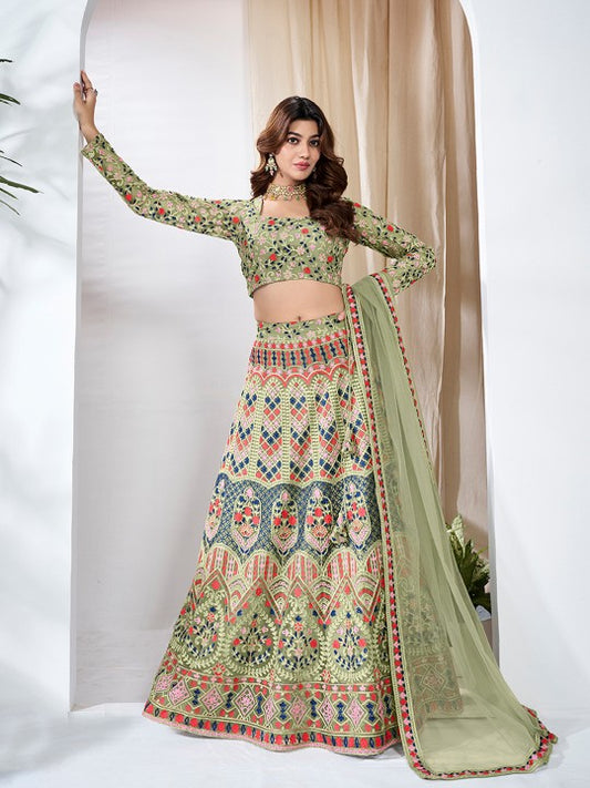 Thread Work Semi-Stitched Lehenga & Unstitched Blouse With Dupatta For Women