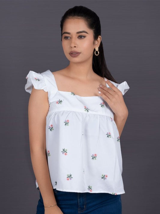 Women Floral Printed Square Neck Flutter Sleeve Ruffles Top
