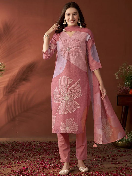 Mauve Ethnic Motifs Embroidered Beads & Stones Linen Kurta with Trousers & Dupatta