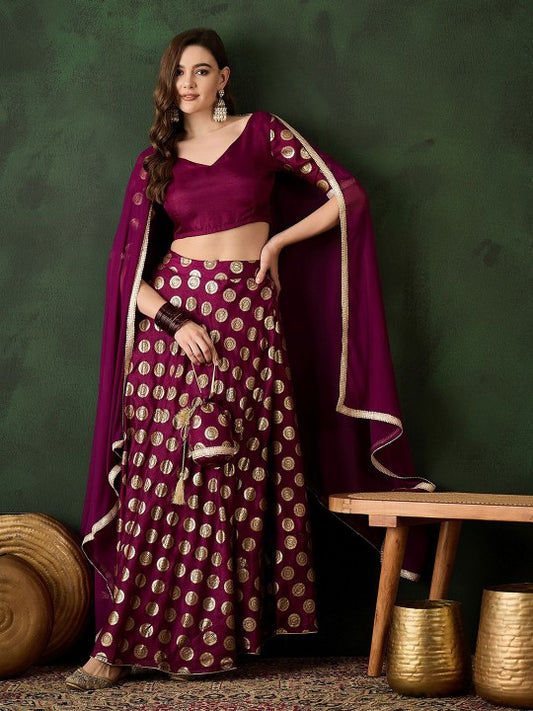 Foil Printed V-Neck Choli & Lehenga With Dupatta