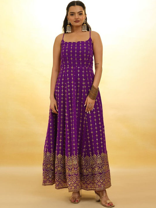 Floral Embroidered Shoulder Straps Sequinned Anarkali Kurta With Salwar & Dupatta