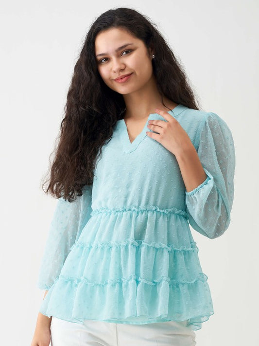 Self Design Mandarin Collar Layered Tiered Top