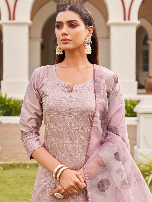 Floral Embroidered Pure Cotton Kurta With Trousers & Dupatta