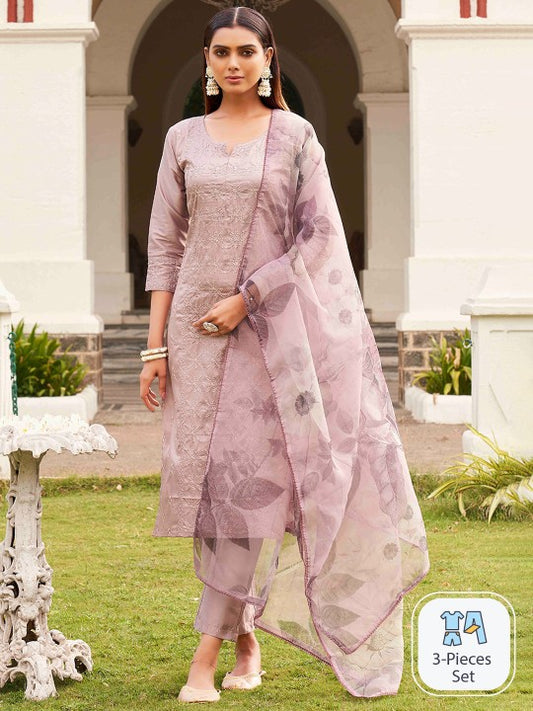 Floral Embroidered Pure Cotton Kurta With Trousers & Dupatta