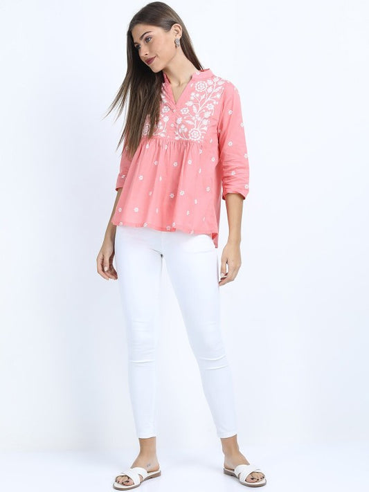 Pink Floral Mandarin Collar Floral Printed Top