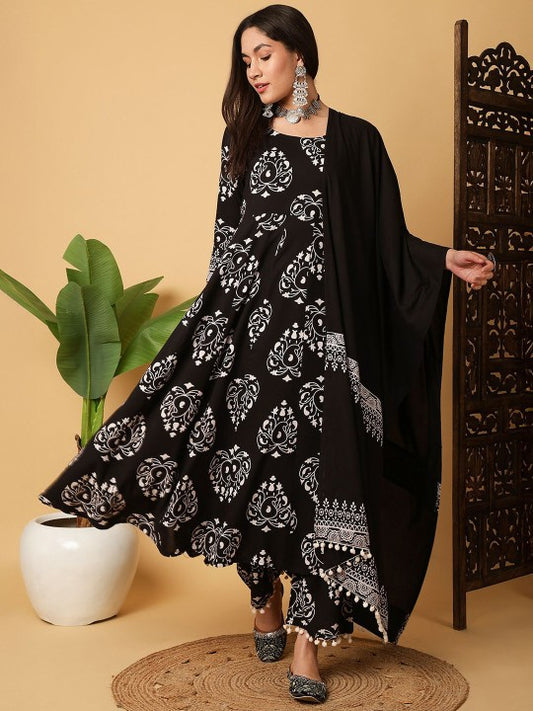 Floral Printed Anarkali Kurta With Palazzos And Dupatta