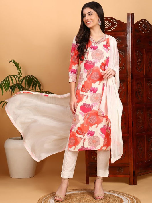 Floral Printed Regular Thread Work V-Neck Straight Kurta With Trousers & Dupatta