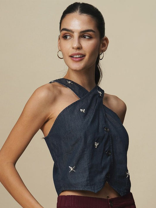 Embellished Halter Neck Cotton Top