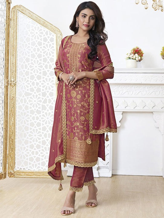Ethnic Motifs Woven Design Sequinned Jacquard Straight Kurta With Trouser & Dupatta