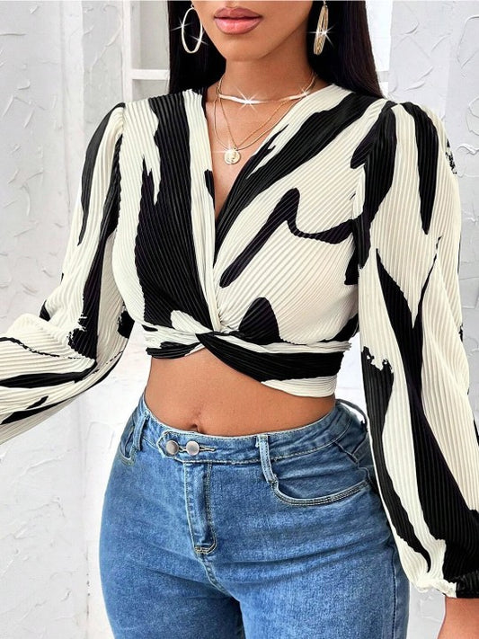 Printed Puff Sleeve Crop Top