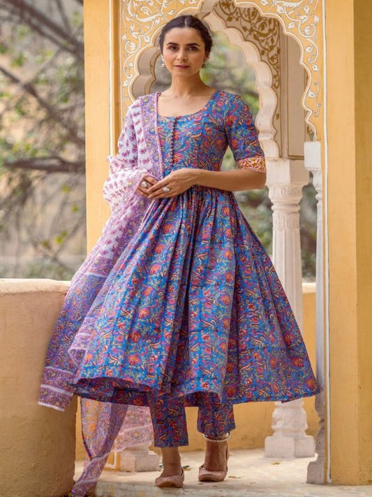 Floral Printed Anarkali Kurta With Trouser And Dupatta