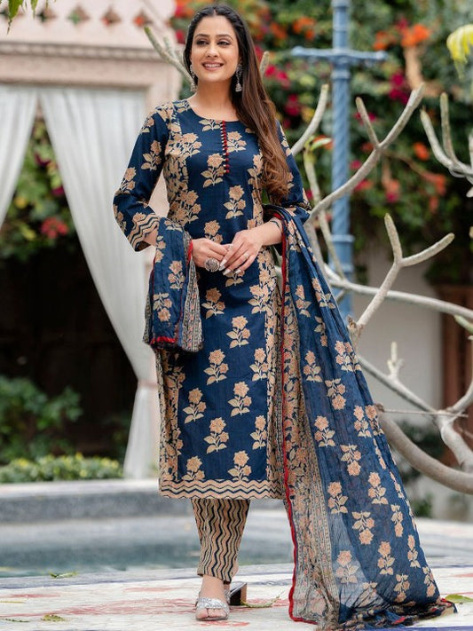 Floral Printed Straight Kurta with Trousers & Dupatta