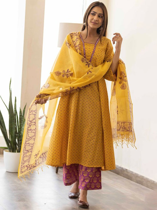 Floral block Printed Sequin Pure Cotton A-Line Kurta with Palazzos & Dupatta