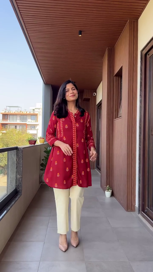 Women Maroon & Golden Floral Printed A-Line Dress