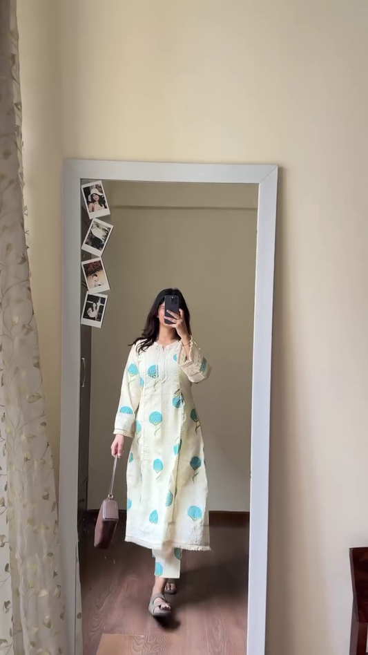 White Embellished A-Line Rayon Kurta Set