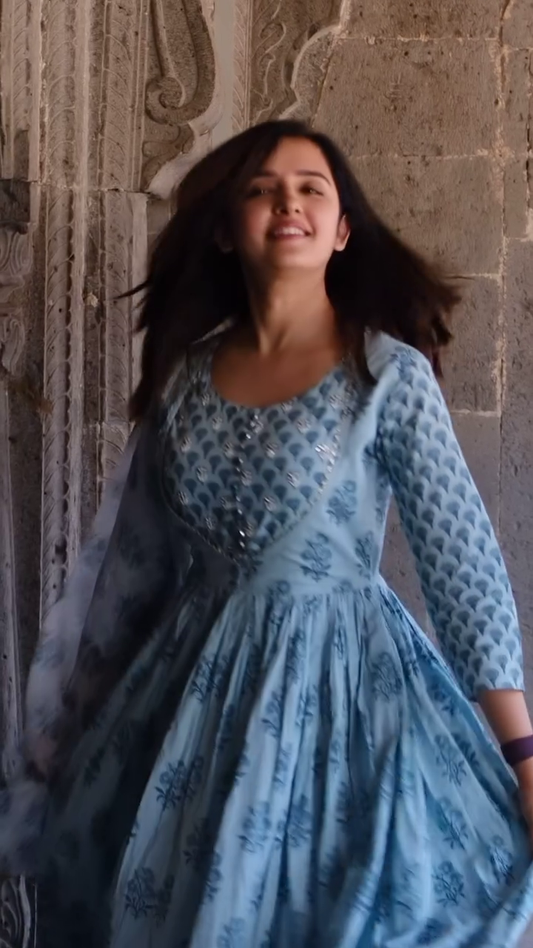 Anarkali Blue Dupatta Set
