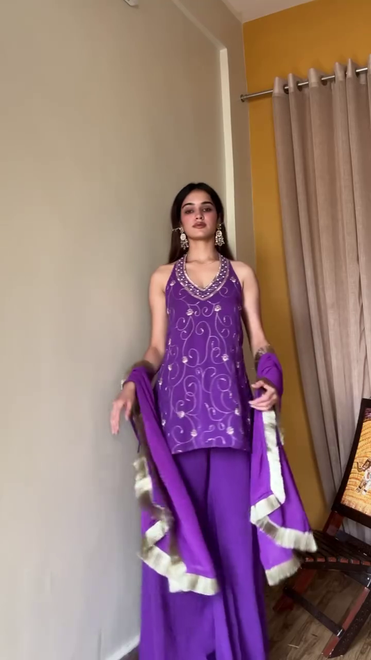 Purple Charvi Fabulous Women Georgette Embroidery Sharara Sets Kurta Sets