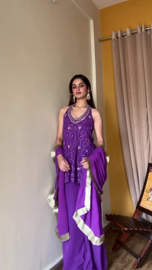 Purple Charvi Fabulous Women Georgette Embroidery Sharara Sets Kurta Sets