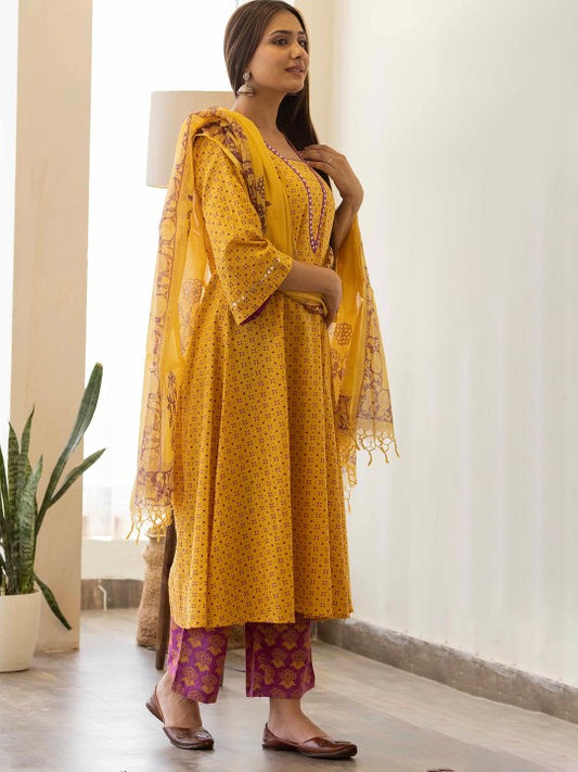 Floral block Printed Sequin Pure Cotton A-Line Kurta with Palazzos & Dupatta