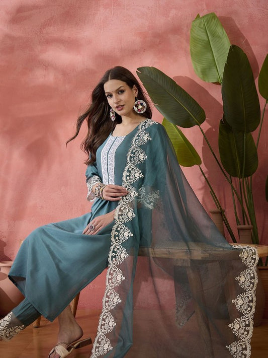 Teal Floral Yoke Design Patchwork Straight Kurta With Trousers And Dupatta