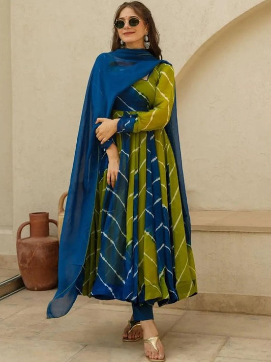 Women Leheriya Printed Regular Kurta with Trousers & With Dupatta