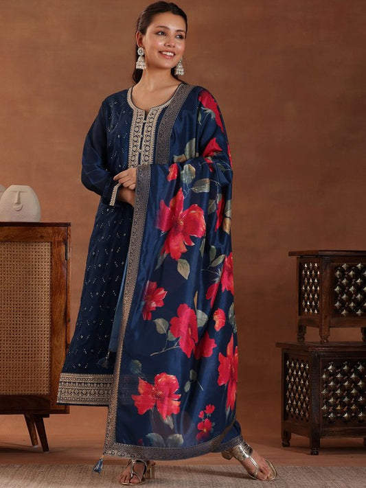 Floral Embroidered Sequinned Straight Kurta With Palazzos & Dupatta