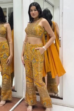 Embroidered Mustard Crop Top and Palazzo Set